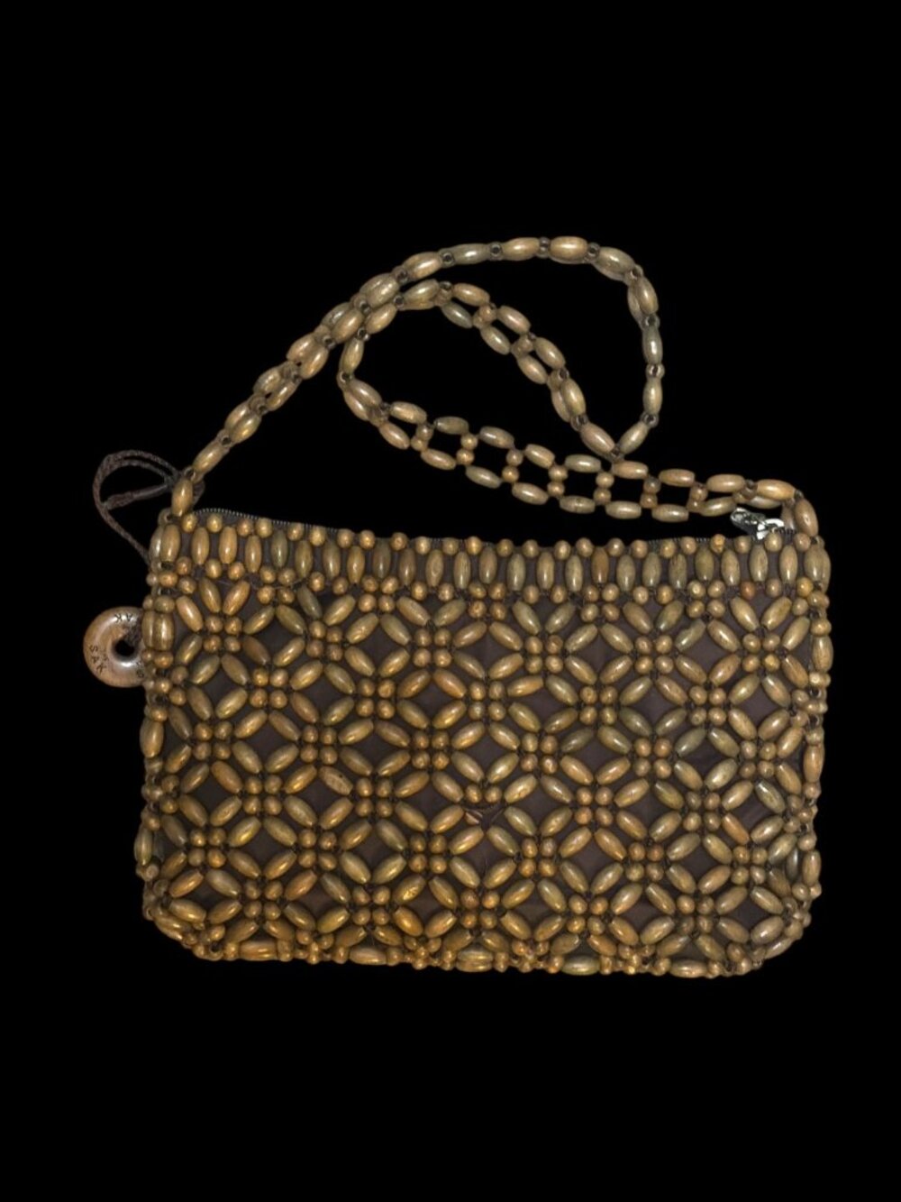 VTG The Sak Bora Bora Wooden Beaded Shoulder Bag Beige Brown Hobo Y2K Boho Beach - Picture 6 of 10